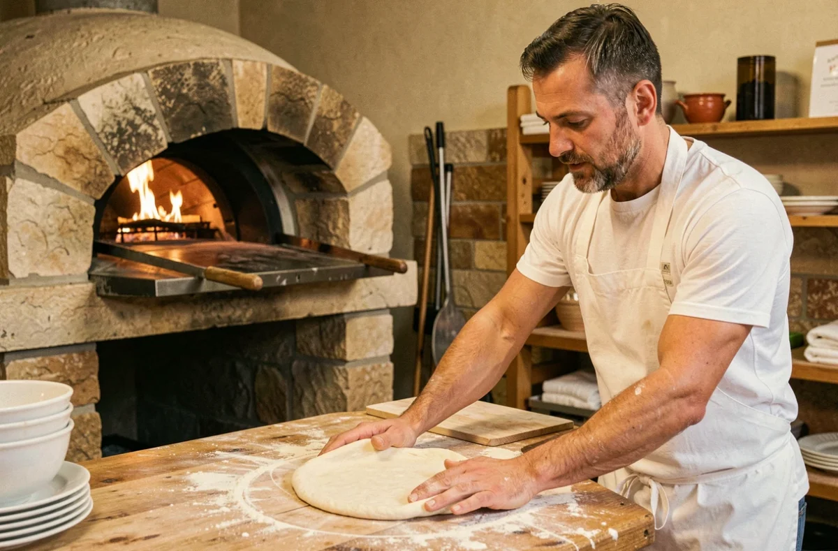 Pizzaiolo artisan étirant une pâte à pizza à la main devant un four à bois dans une pizzeria du Libournais au cœur du vignoble bordelais