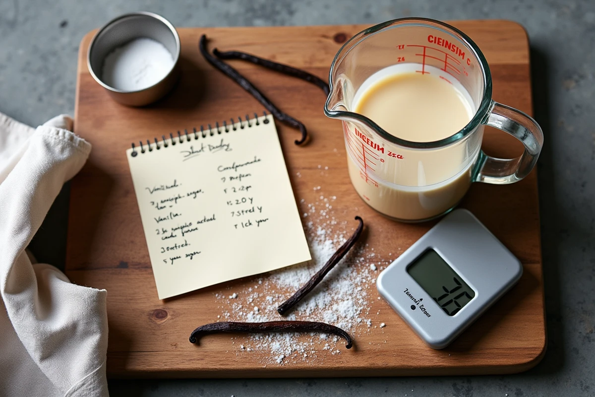 Vue de dessus d'un plan de travail de pâtisserie avec verre doseur en centilitres, balance en grammes et fiche de conversion manuscrite