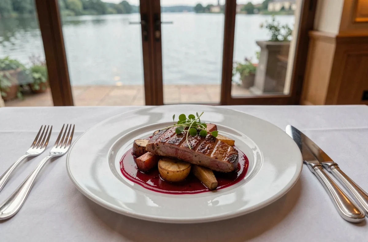 Plat gastronomique raffiné servi dans un restaurant romantique au bord du lac de Bordeaux