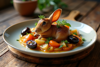 Plat de lapin aux pruneaux présenté sur une table en bois