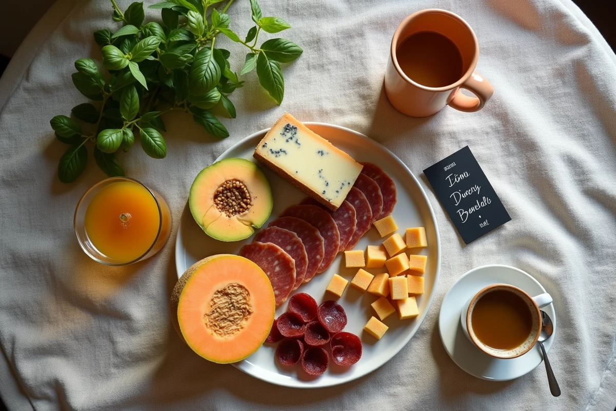 Plateau brunch gourmand avec produits du marché d'Hyères : melon, fromages provençaux et charcuterie sur nappe en lin
