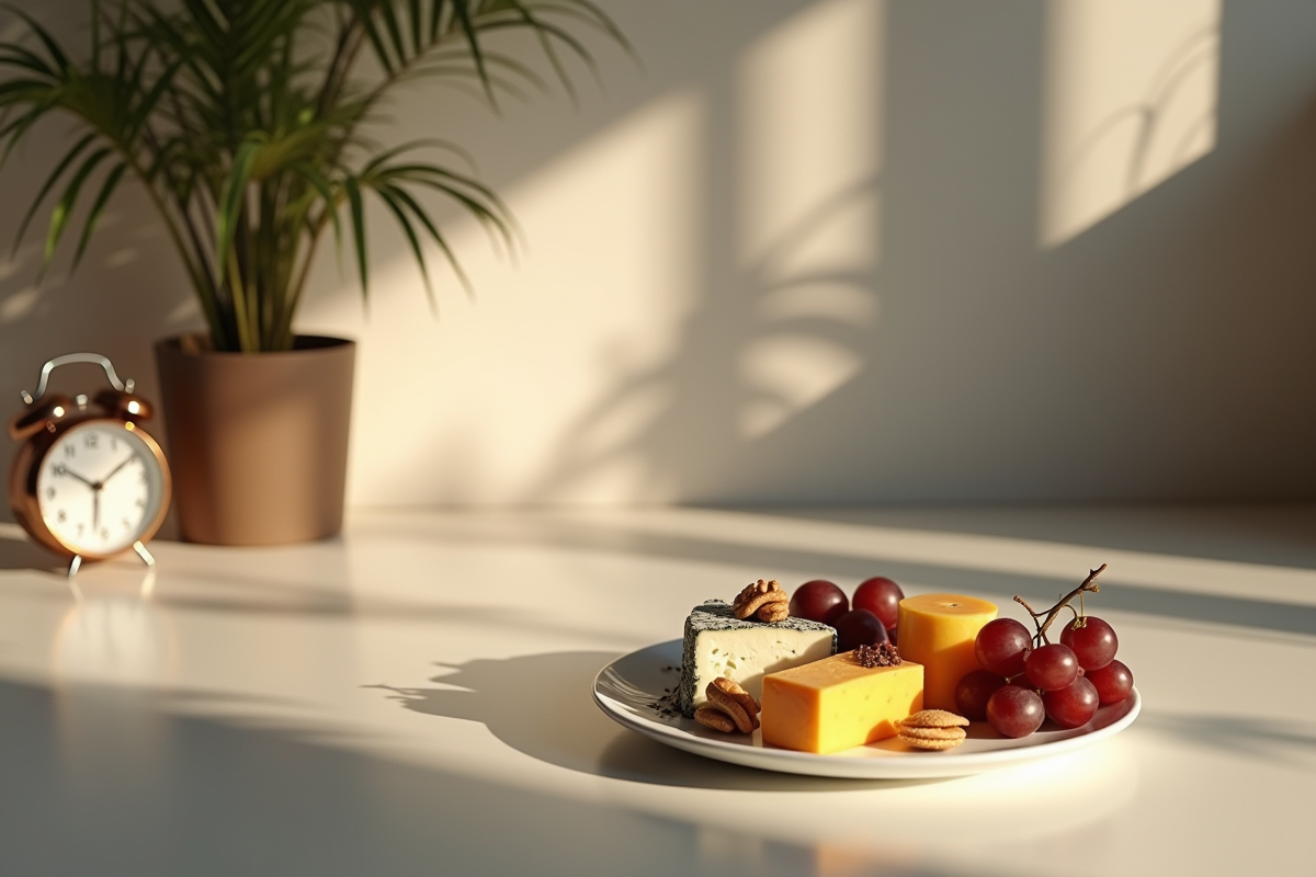 Plateau de fromages et fruits dans une cuisine moderne en fin d