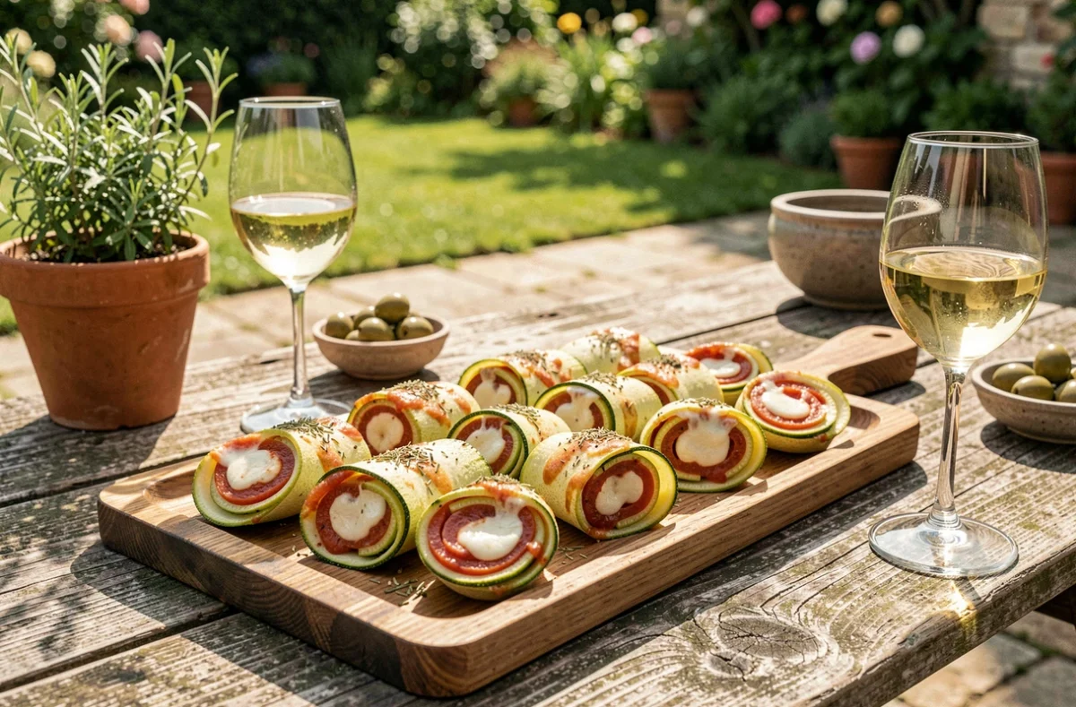 Plateau de roulés courgette pizz façon escargots servis en apéritif sur une table en pierre dans un jardin estival avec verres de vin blanc