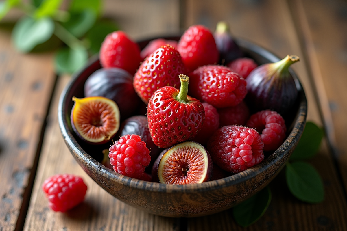 Bol de fruits frais sur une table en bois rustique en plein soleil