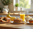 Table en bois avec desserts à la banane joliment présentés