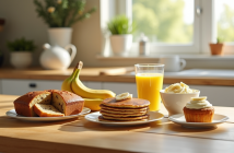 Table en bois avec desserts à la banane joliment présentés