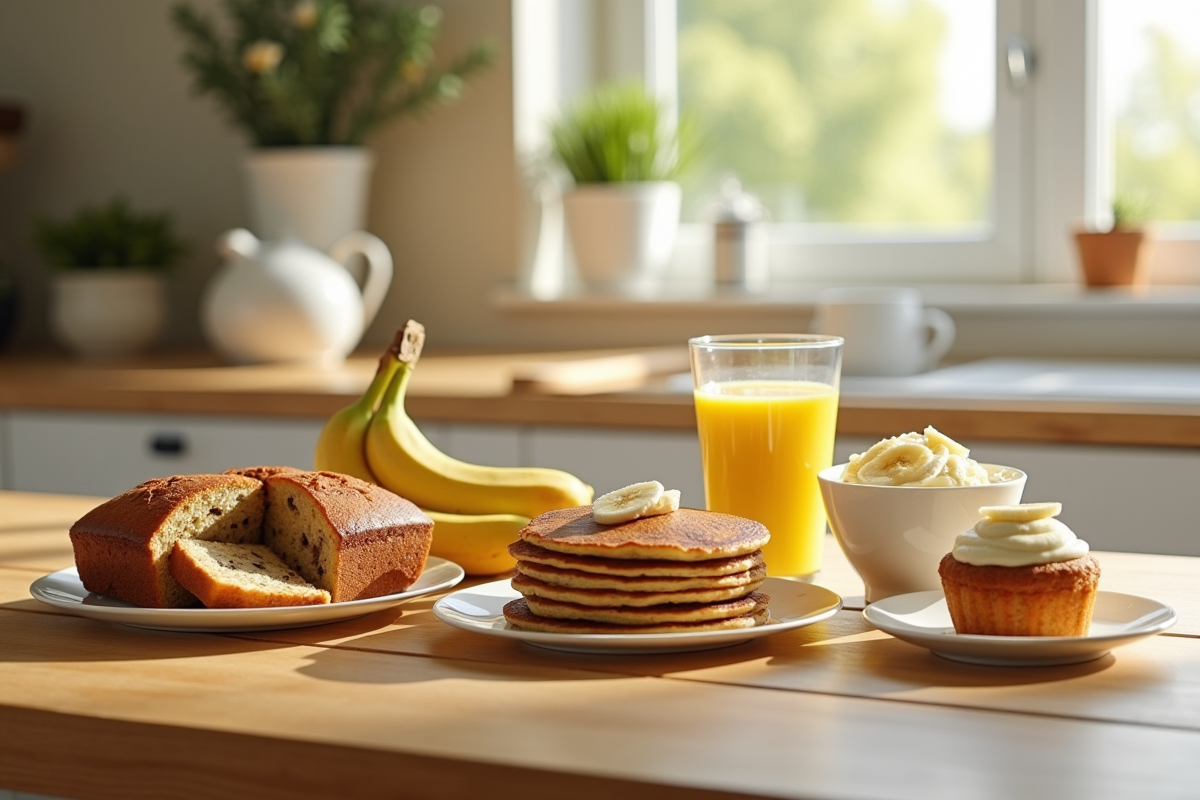 Table en bois avec desserts à la banane joliment présentés