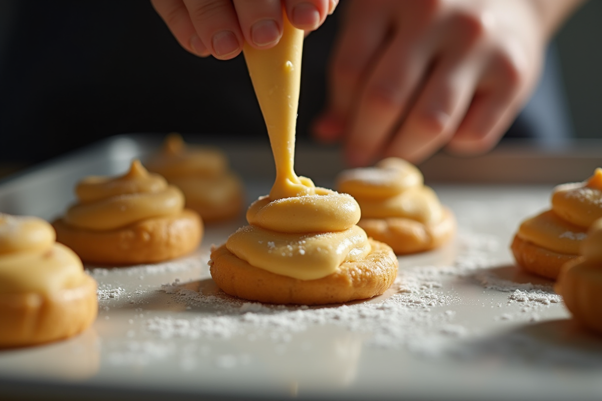 Main piping choux pâte sur plaque de cuisson en gros plan