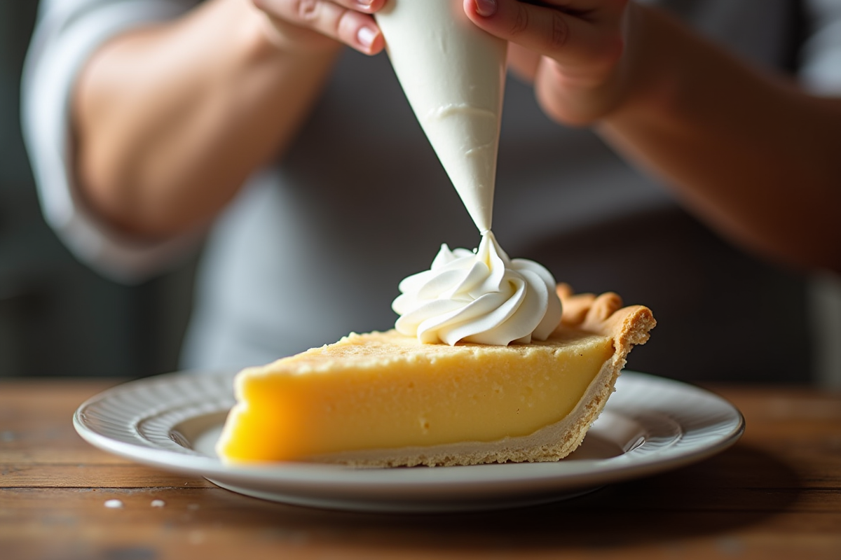 Chef poche la chantilly sur une tarte maison sur une table rustique