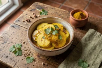 Poêlée de courgette au curry doux servie dans un bol en céramique rustique sur une table en bois avec des épices et de la coriandre fraîche