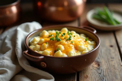 Bol de pommes de terre écrasées au fromage fondu et ciboulette dans une cuisine rustique en bois