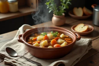 Potée traditionnelle servie dans un bol en terracotta sur une table en chêne rustique avec légumes et bouillon ambré