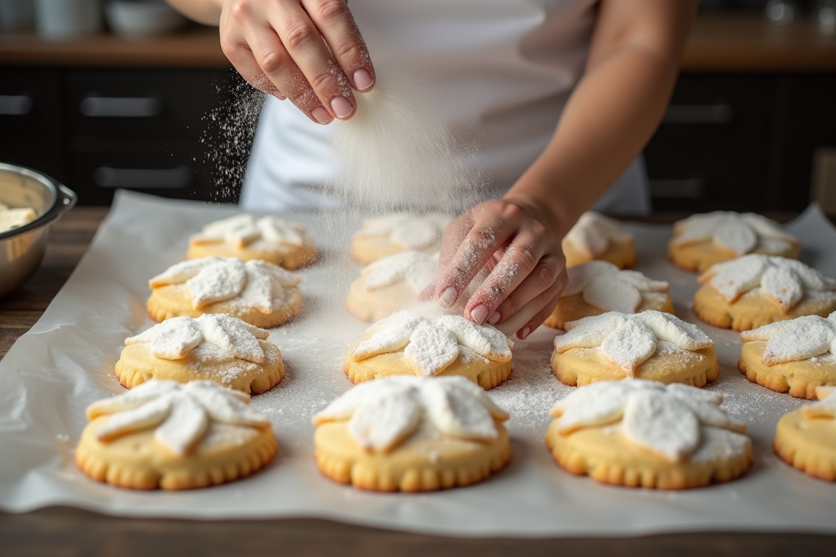 Préparation des biscuits à la cuillère avec sucre glace en cuisine