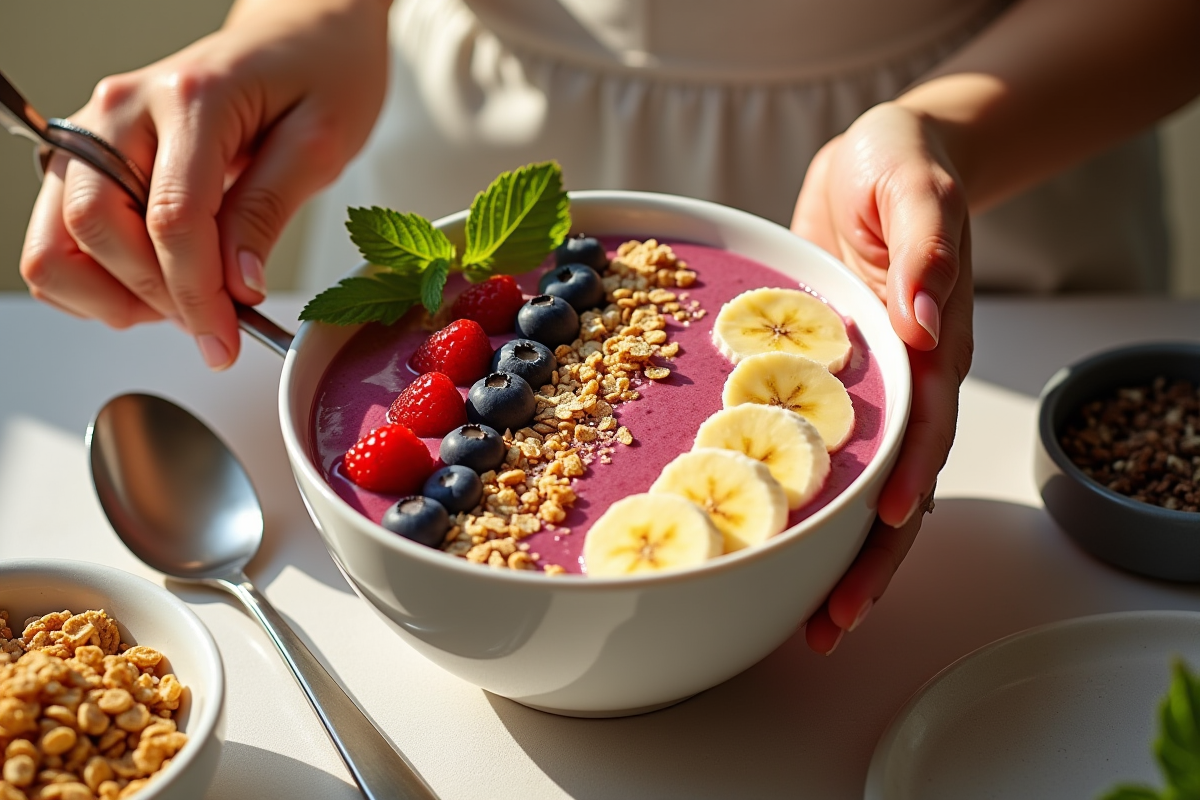 Mains préparant un bol de smoothie à la banane et fruits
