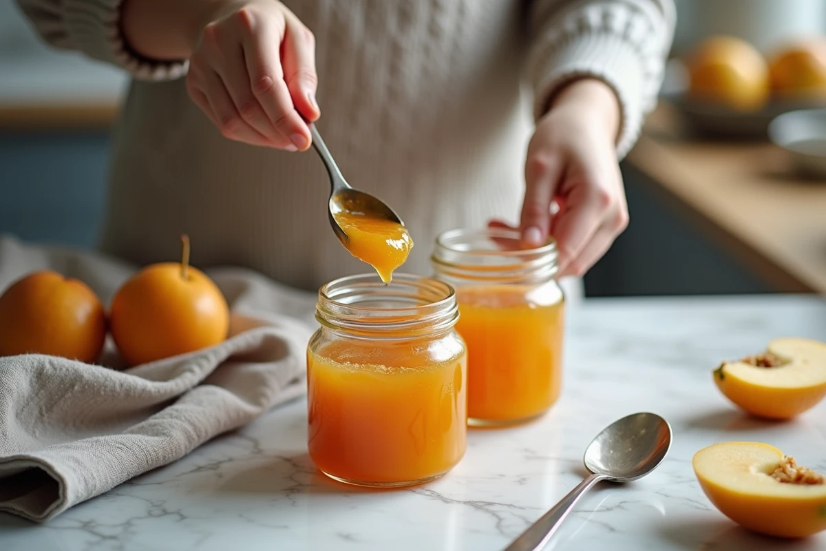 Mains jeunes versant confiture de coing dans des pots sur un plan de travail moderne