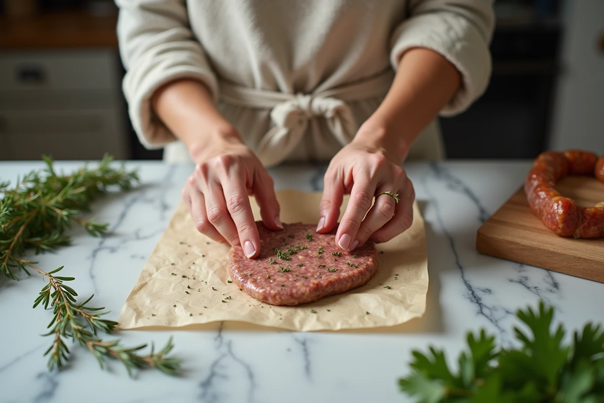 Femme façonnant une crépinette maison en enveloppant la farce de porc aux herbes dans une crépine sur un plan de travail en marbre