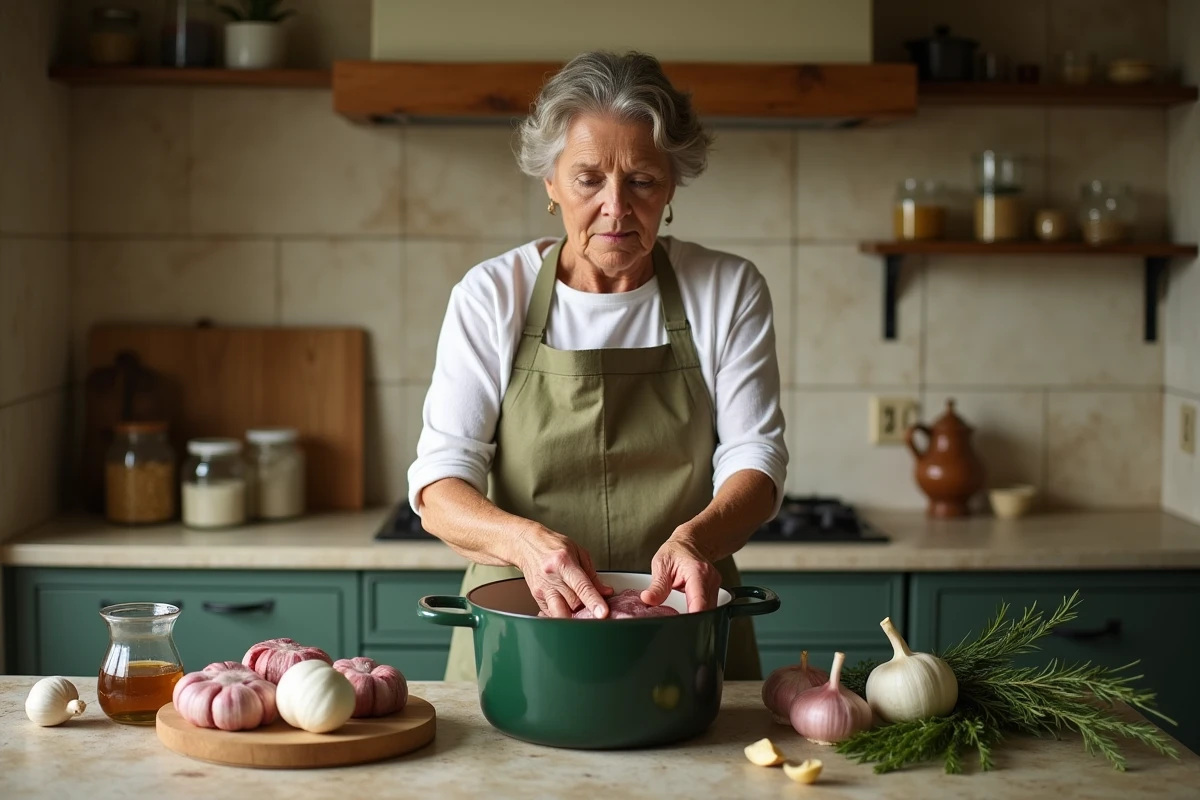 Cuisinière préparant des cuisses de canard en cocotte en adaptant les quantités pour une grande tablée