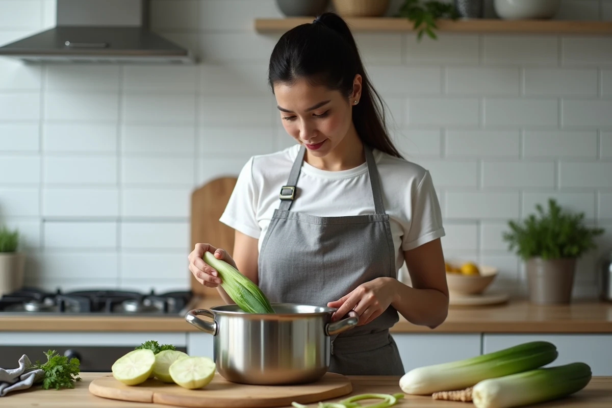 Femme préparant des endives à la cocotte minute dans une cuisine moderne