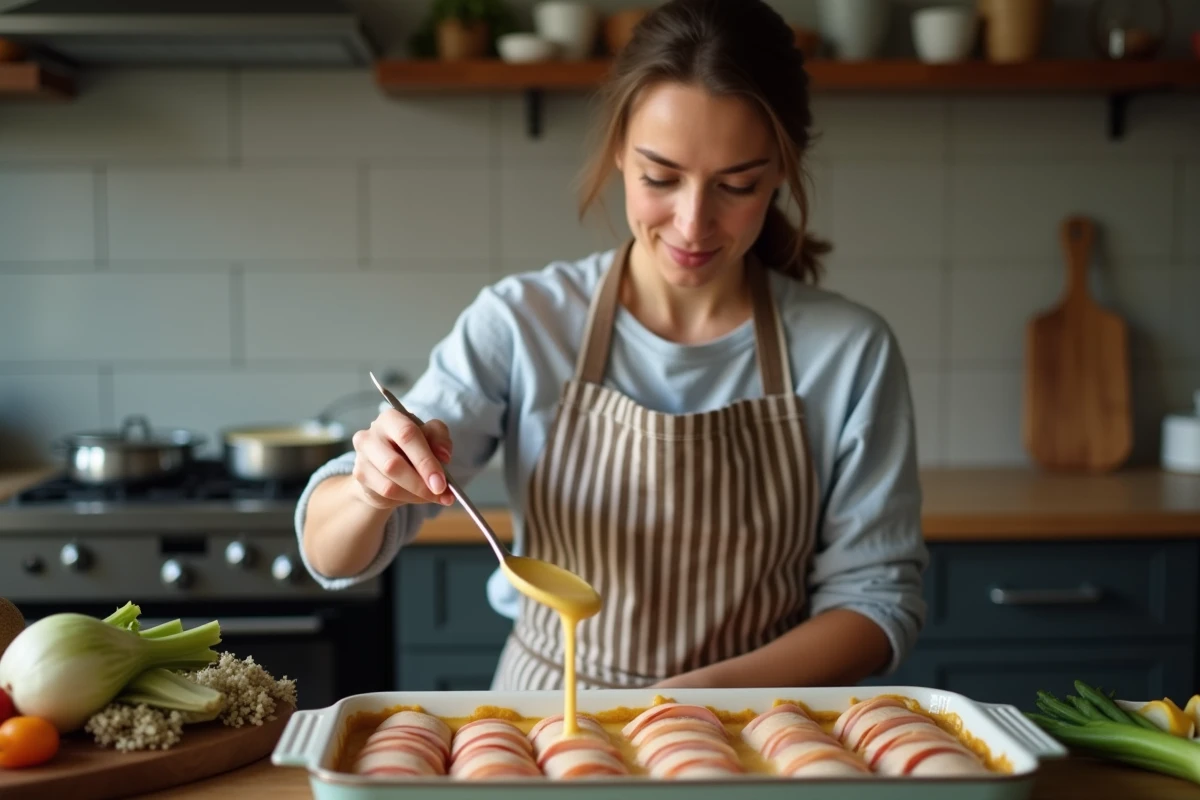 Femme préparant des endives au jambon en nappant de sauce béchamel maison dans une cuisine familiale