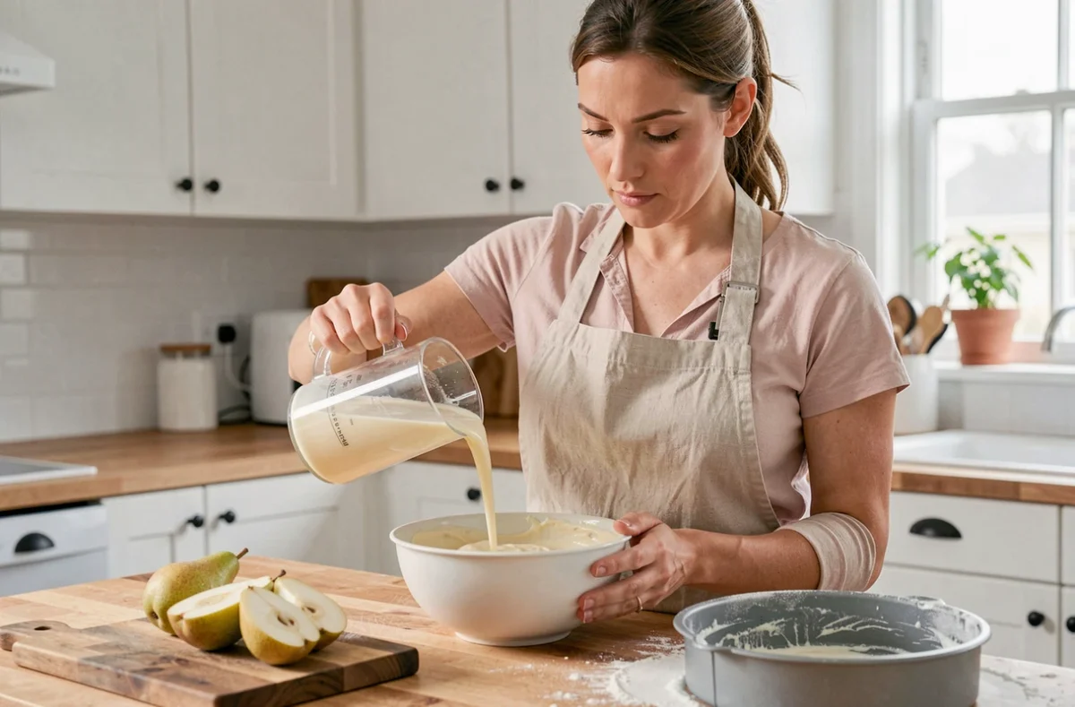 Femme préparant un gâteau yaourt aux poires en versant du yaourt dans la pâte dans une cuisine scandinave