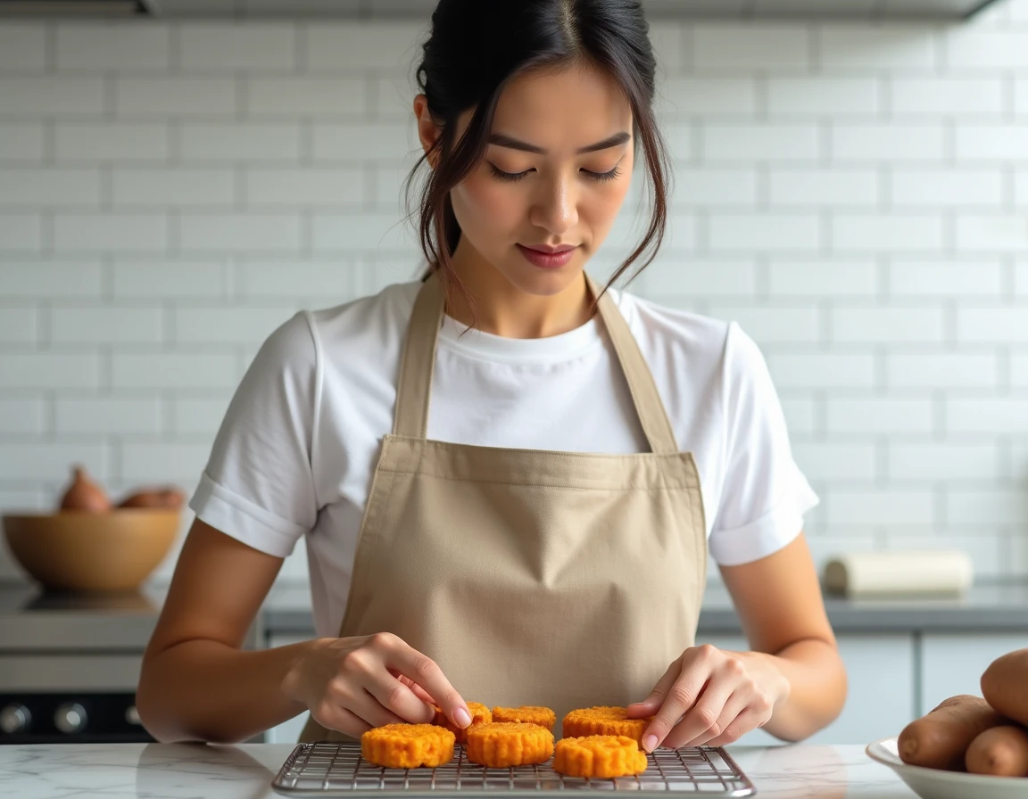 Femme préparant des gâteaux à la patate douce vanillée sur une grille de refroidissement dans une cuisine moderne