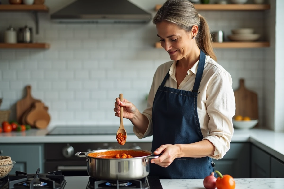Femme préparant un goulash express en cocotte minute sur une cuisinière à gaz dans une cuisine moderne