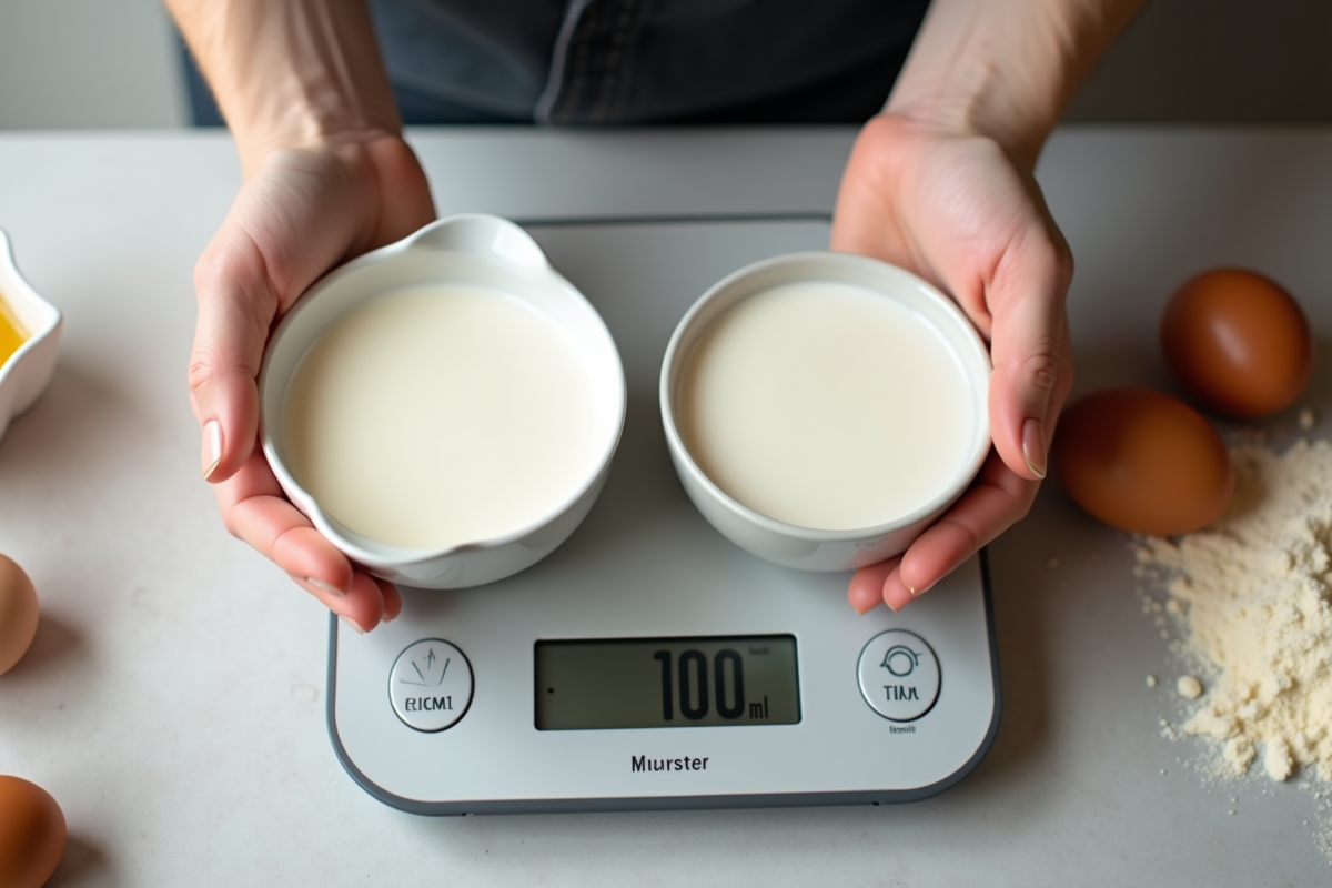 Mains tenant deux bols avec lait et poids en cuisine lumineuse