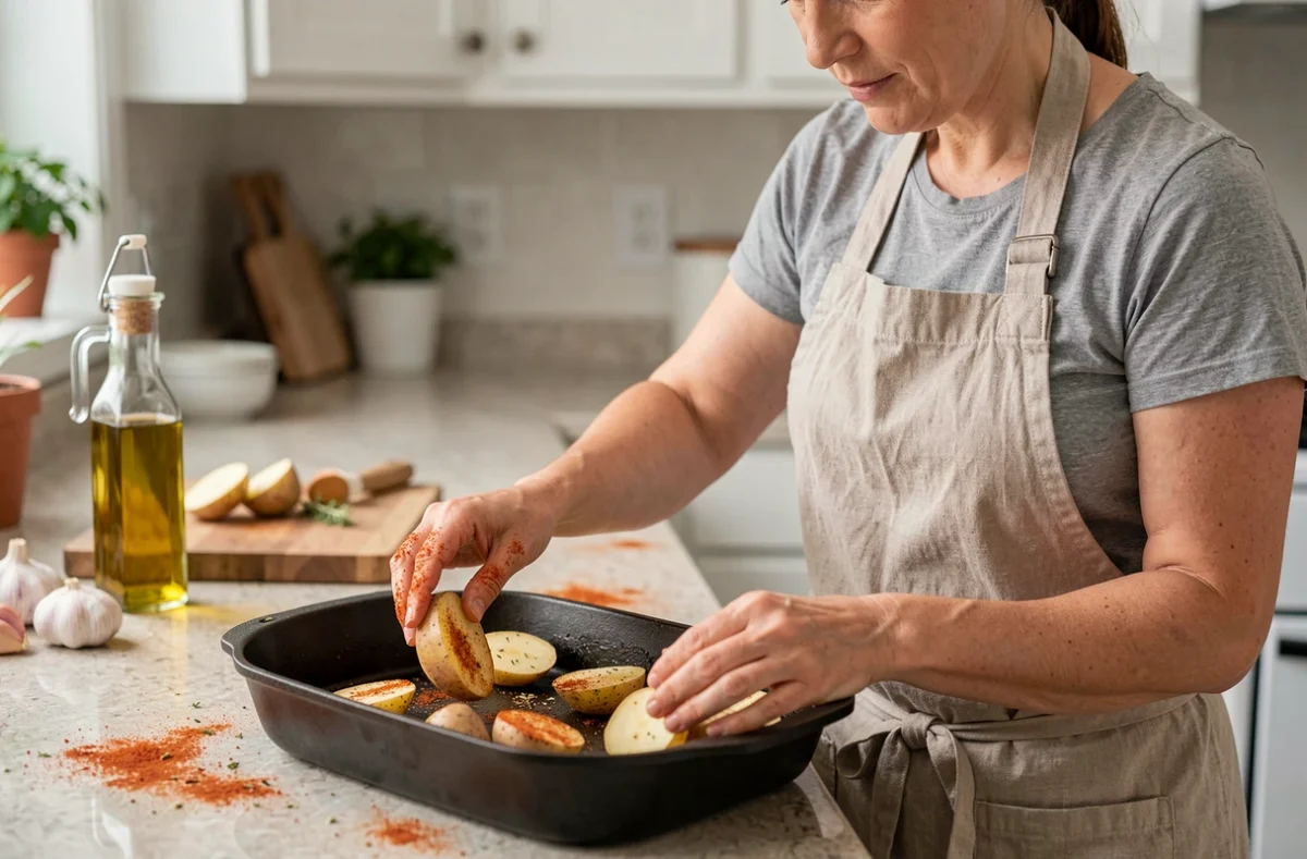 Femme préparant des pommes de terre assaisonnées à mettre au four dans une cuisine maison
