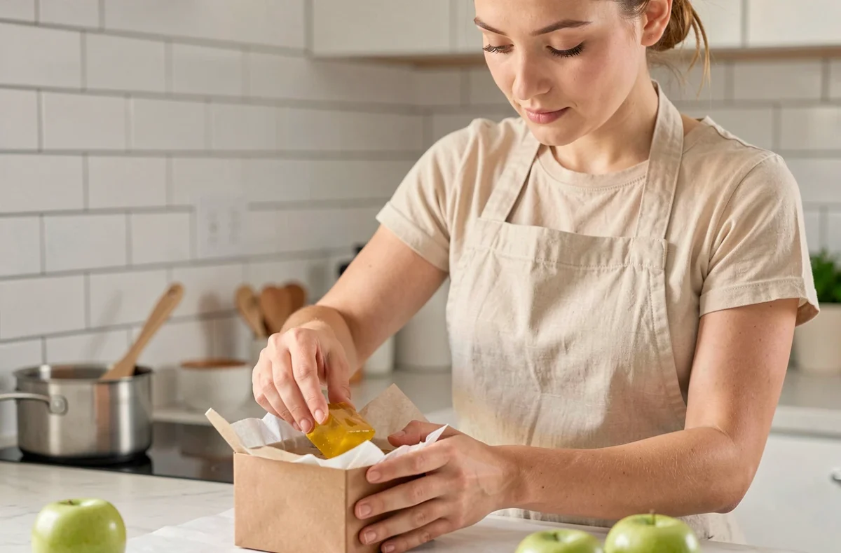 Femme préparant des pâtes de fruit maison à la pomme pour enfants dans une cuisine naturelle avec tablier en lin