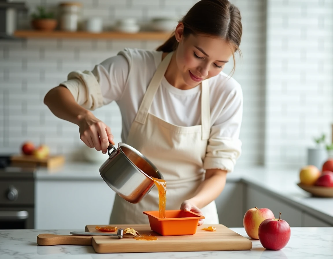 Femme versant de la pâte de fruit à la pomme dans un moule en silicone dans une cuisine moderne lumineuse avec plan de travail en marbre