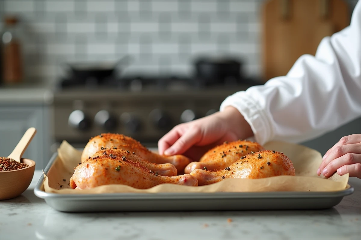 Mains préparant des pilons de poulet crus assaisonnés sur une plaque de cuisson tapissée de papier sulfurisé