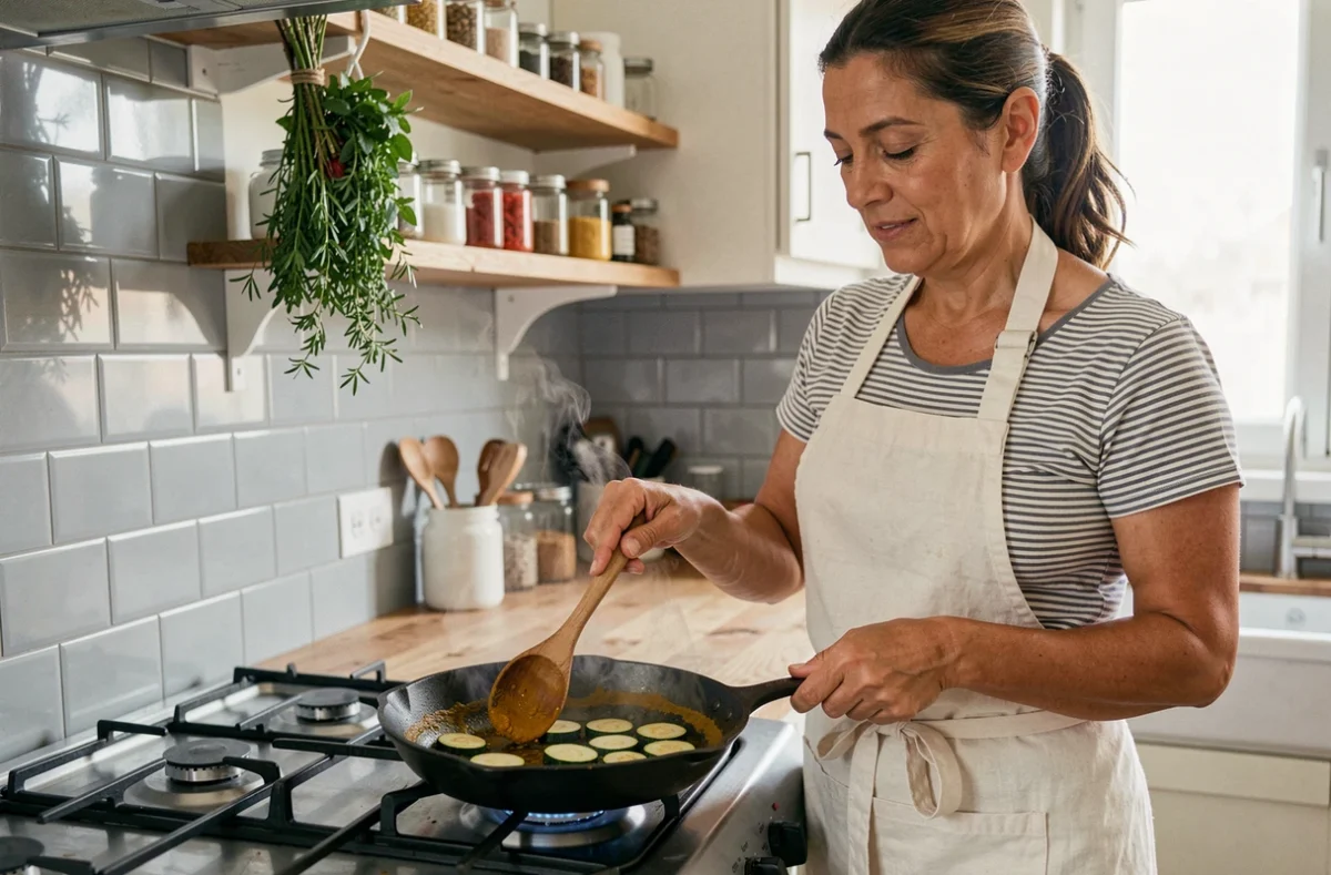 Femme préparant une poêlée de courgette au curry dans une cuisine française avec une poêle en fonte sur feu de gaz