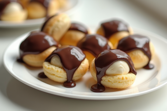 Profiteroles glacées au chocolat et vanille sur assiette