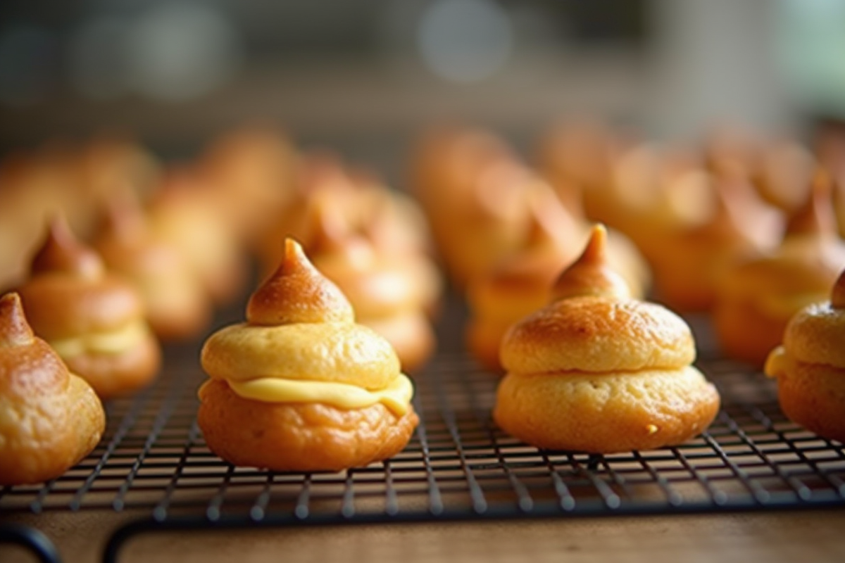 Profiteroles dorés refroidissant sur grille avec lumière naturelle