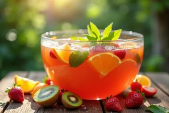 Grand bol de punch aux fruits frais avec oranges, fraises et kiwis sur une table en bois dans un jardin