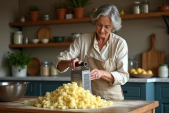 Femme râpant une grande quantité de pommes de terre dans un bol en inox sur un plan de travail en bois rustique