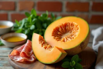 Melon cantaloup coupé en deux sur une planche en bois rustique avec prosciutto et menthe fraîche pour une recette estivale express