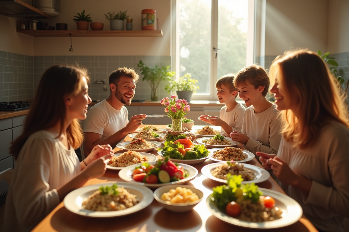 Famille à table dans une cuisine moderne sans poisson