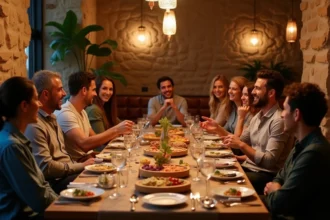 Groupe d'amis attablés dans un restaurant libanais rue Mouffetard à Paris autour d'un repas de mezze partagé