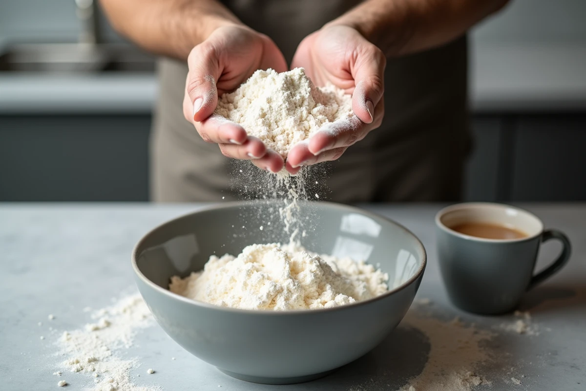 Mains versant de la farine dans un bol en céramique avec une tasse comme repère visuel pour le dosage