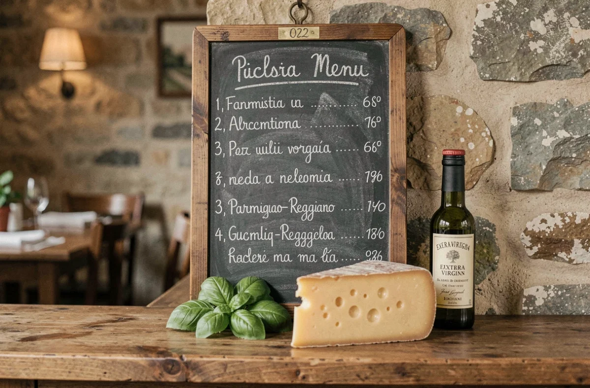 Tableau ardoise d'un restaurant avec menu écrit à la craie en italien, ingrédients authentiques comme le parmesan et le basilic frais posés sur un comptoir en bois