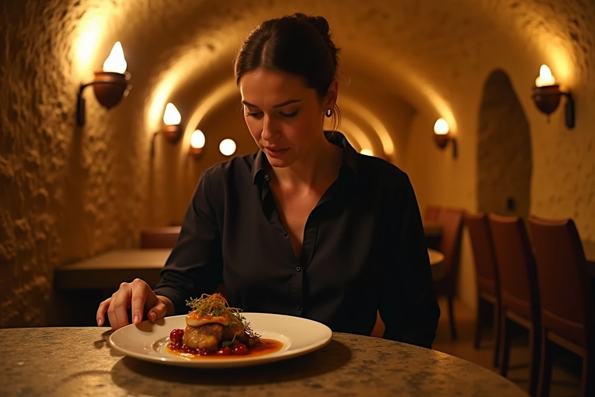 Femme seule découvrant un plat gastronomique dans un restaurant cave médiéval du Vieux-Lyon