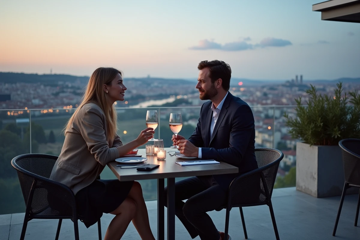 Couple en terrasse d'un restaurant rooftop contemporain à Lyon avec vue panoramique sur la ville au crépuscule