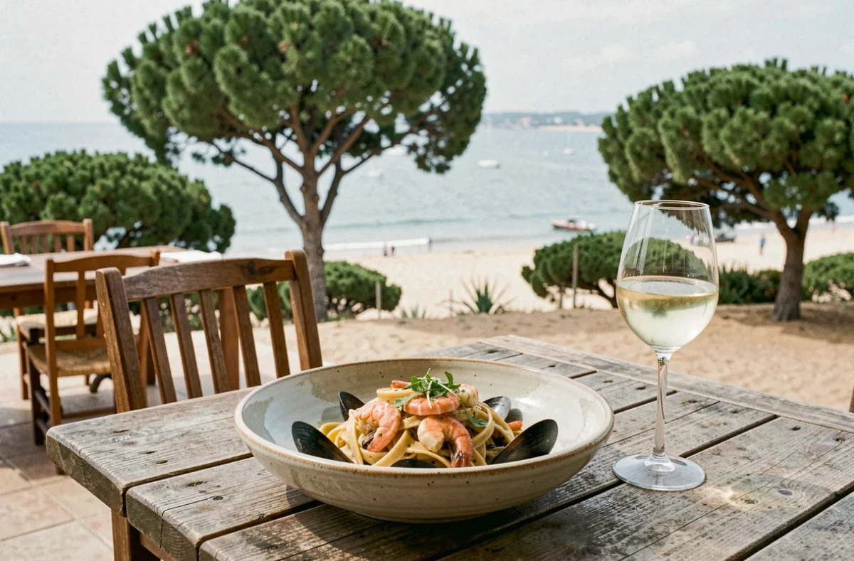Table dressée en terrasse d'un restaurant italien du bassin d'Arcachon avec pâtes aux fruits de mer et vue sur la baie entre les pins