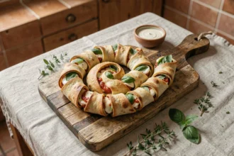 Roulés de pizz à la courgette façon escargots dorés disposés en spirale sur une planche en bois rustique pour un apéritif maison