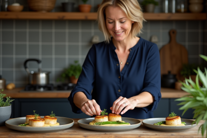 Femme raffinée arrangeant coquilles SaintJacques dans une cuisine moderne