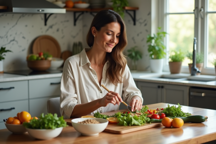Femme préparant une salade colorée dans la cuisine