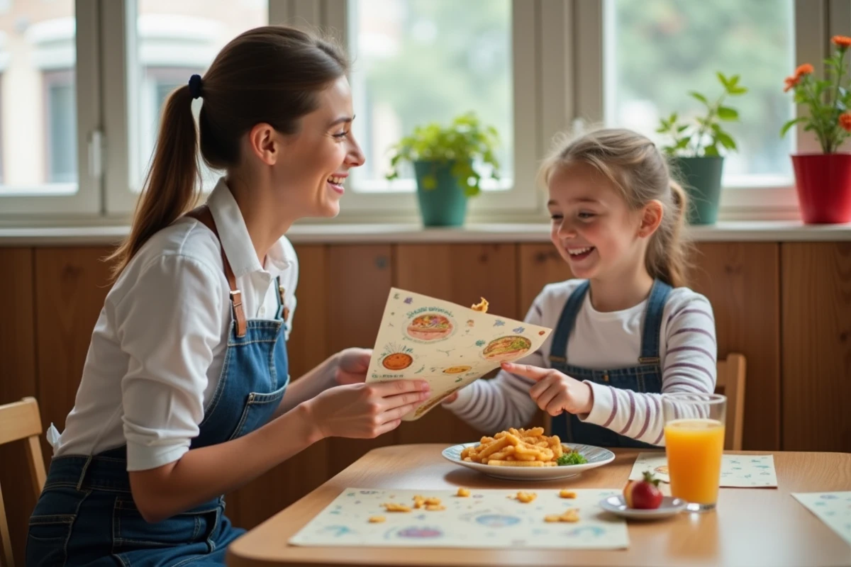 Serveuse aidant une petite fille à choisir son repas sur un menu illustré dans un bistro familial de Lille