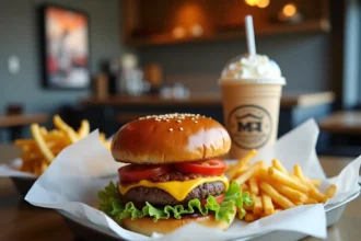 Burger Shake Shack avec frites et milkshake sur plateau dans un restaurant moderne au style new-yorkais