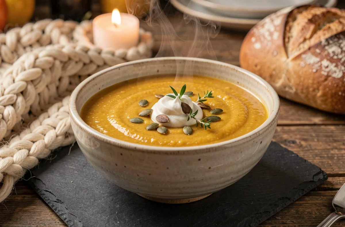 Bol de soupe veloutée de courge bleu de Hongrie garnie de crème fraîche et graines de courge pour un dîner réconfortant